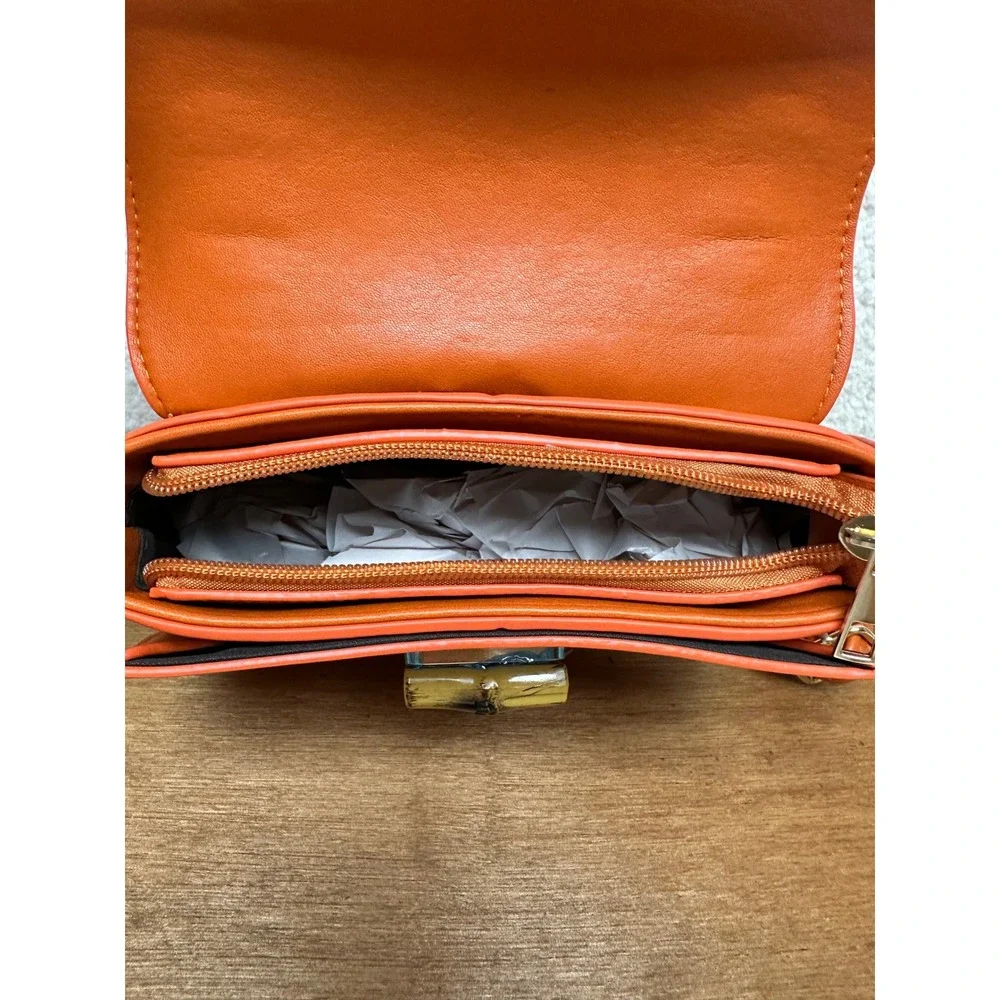 Top Handle Crossbody Purse‎ Bag Orange Faux Bamboo Handle Faux Leather Shoulder